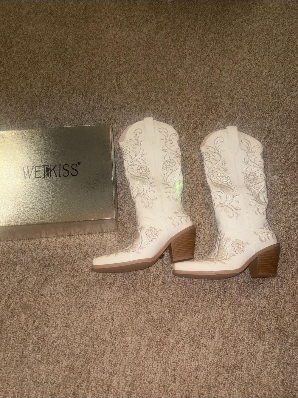 WETKISS White Crystal Embroidered Western Heeled Cowgirl Boots 8.5